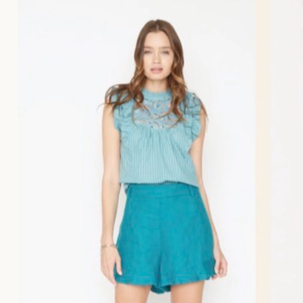 CABALLERO Alissyn Ruffle Stripe Blouse Teal Medium